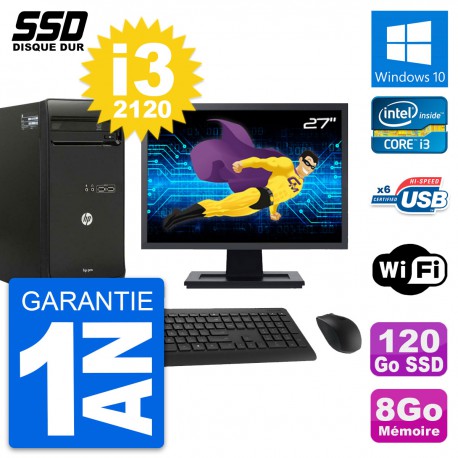 PC Tour HP Pro 3400 MT Ecran 27" Core i3-2120 RAM 8Go SSD 120Go Windows 10 Wifi