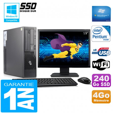 PC Fujitsu Esprimo E500 E85+ SFF G640 4Go Disque 240Go SSD Wifi W7 Ecran 19"