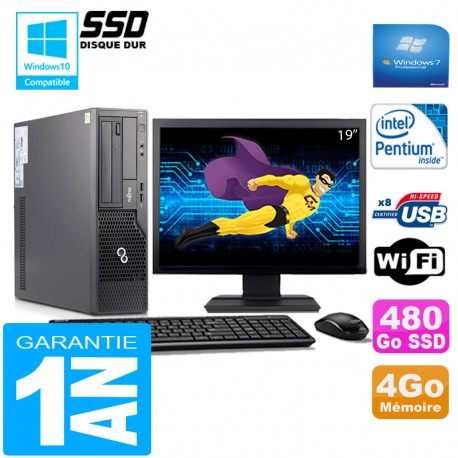 PC Fujitsu Esprimo E500 E85+ SFF G640 4Go Disque 480Go SSD Wifi W7 Ecran 19"