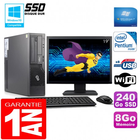 PC Fujitsu Esprimo E500 E85+ SFF G640 8Go Disque 240Go SSD Wifi W7 Ecran 19"