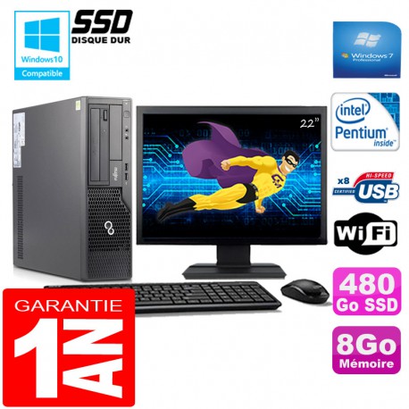 PC Fujitsu Esprimo E500 E85+ SFF G640 8Go Disque 480Go SSD Wifi W7 Ecran 22"