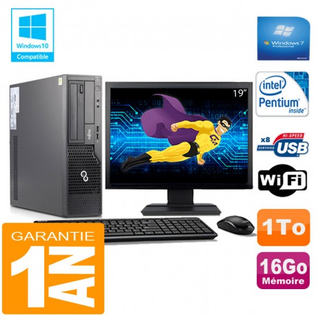 PC Fujitsu Esprimo E500 E85+ SFF Intel G640 16Go Disque 1 To Wifi W7 Ecran 19"