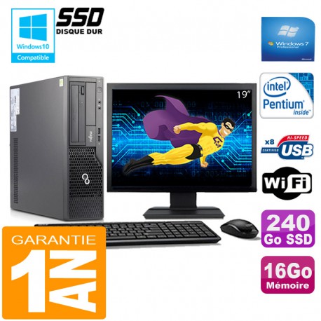 PC Fujitsu Esprimo E500 E85+ SFF G640 16Go Disque 240Go SSD Wifi W7 Ecran 19"