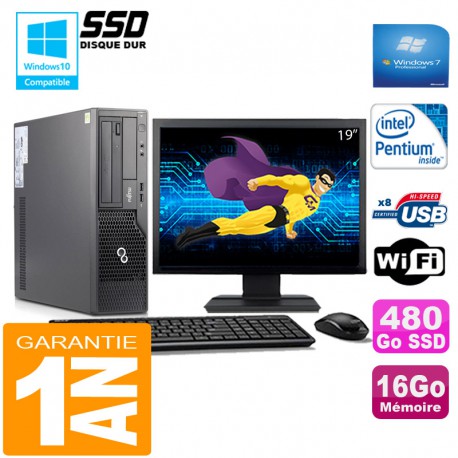 PC Fujitsu Esprimo E500 E85+ SFF G640 16Go Disque 480Go SSD Wifi W7 Ecran 19"