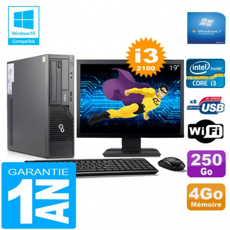 PC Fujitsu Esprimo E500 E85+ SFF I3-2100 RAM 4Go Disque 250Go Wifi W7 Ecran 19"