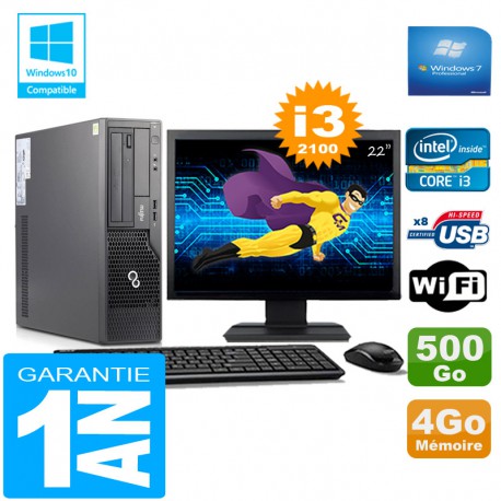 PC Fujitsu Esprimo E500 E85+ SFF I3-2100 RAM 4Go Disque 500Go Wifi W7 Ecran 22"