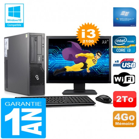 PC Fujitsu Esprimo E500 E85+ SFF Core I3-2100 4Go Disque 2 To Wifi W7 Ecran 22"