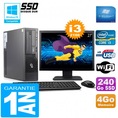 PC Fujitsu Esprimo E500 E85+ SFF I3-2100 4Go Disque 240Go SSD Wifi W7 Ecran 27"