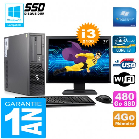 PC Fujitsu Esprimo E500 E85+ SFF I3-2100 4Go Disque 480Go SSD Wifi W7 Ecran 27"