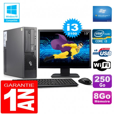 PC Fujitsu Esprimo E500 E85+ SFF I3-2100 RAM 8Go Disque 250Go Wifi W7 Ecran 19"