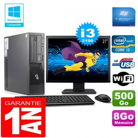 PC Fujitsu Esprimo E500 E85+ SFF I3-2100 RAM 8Go Disque 500Go Wifi W7 Ecran 27"