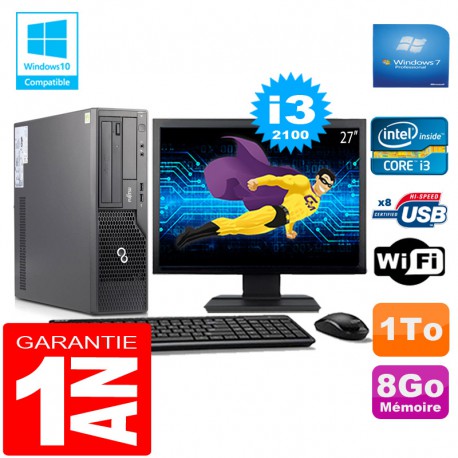 PC Fujitsu Esprimo E500 E85+ SFF Core I3-2100 8Go Disque 1 To Wifi W7 Ecran 27"