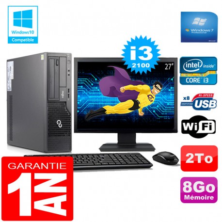 PC Fujitsu Esprimo E500 E85+ SFF Core I3-2100 8Go Disque 2 To Wifi W7 Ecran 27"