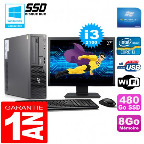 PC Fujitsu Esprimo E500 E85+ SFF I3-2100 8Go Disque 480Go SSD Wifi W7 Ecran 27"
