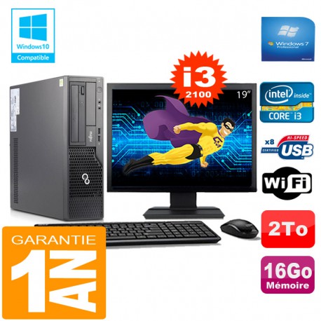 PC Fujitsu Esprimo E500 E85+ SFF Core I3-2100 16Go Disque 2 To Wifi W7 Ecran 19"