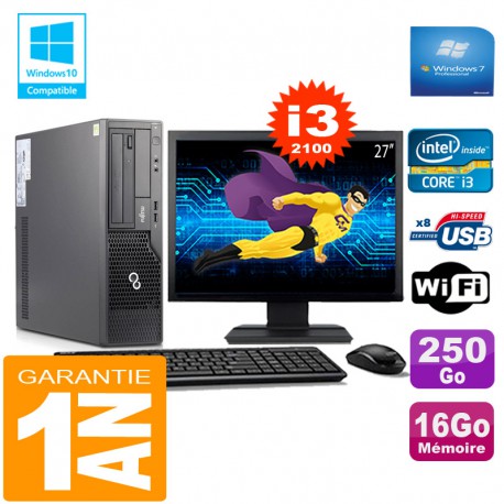 PC Fujitsu Esprimo E500 E85+ SFF I3-2100 RAM 16Go Disque 250Go Wifi W7 Ecran 27"