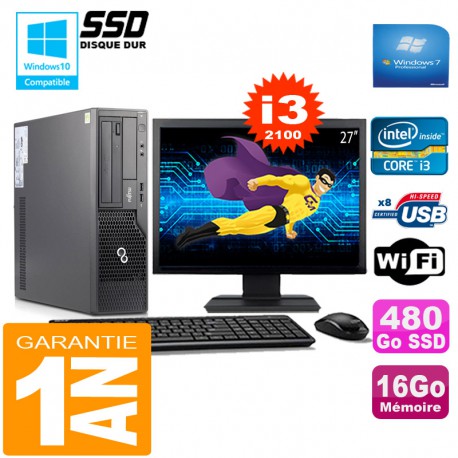PC Fujitsu Esprimo E500 E85+ SFF I3-2100 16Go Disque 480Go SSD Wifi W7 Ecran 27"