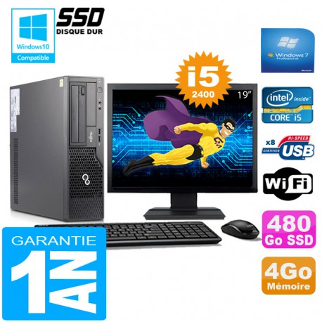 PC Fujitsu Esprimo E500 E85+ SFF I5-2400 4Go Disque 480Go SSD Wifi W7 Ecran 19"
