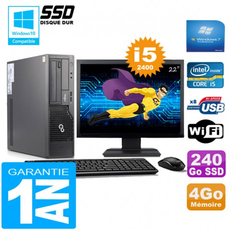 PC Fujitsu Esprimo E500 E85+ SFF I5-2400 4Go Disque 240Go SSD Wifi W7 Ecran 22"