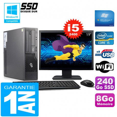 PC Fujitsu Esprimo E500 E85+ SFF I5-2400 8Go Disque 240Go SSD Wifi W7 Ecran 19"
