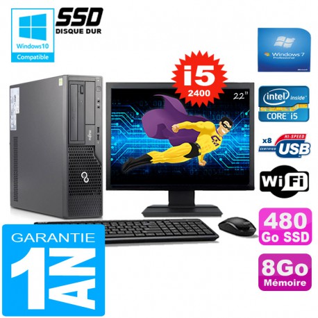 PC Fujitsu Esprimo E500 E85+ SFF I5-2400 8Go Disque 480Go SSD Wifi W7 Ecran 22"