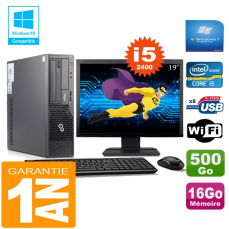 PC Fujitsu Esprimo E500 E85+ SFF I5-2400 RAM 16Go Disque 500Go Wifi W7 Ecran 19"