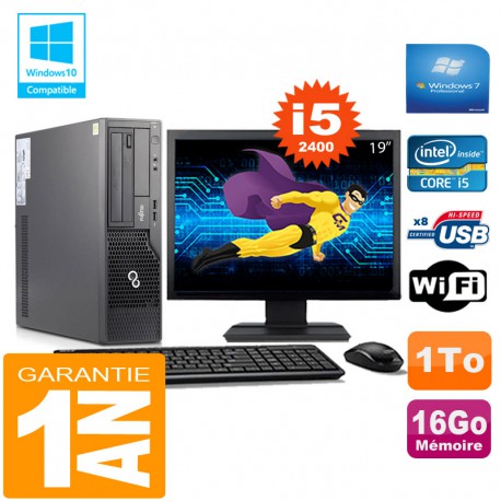 PC Fujitsu Esprimo E500 E85+ SFF Core I5-2400 16Go Disque 1 To Wifi W7 Ecran 19"
