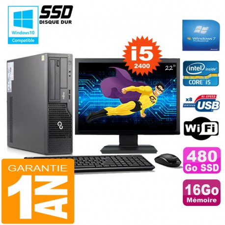 PC Fujitsu Esprimo E500 E85+ SFF I5-2400 16Go Disque 480Go SSD Wifi W7 Ecran 22"