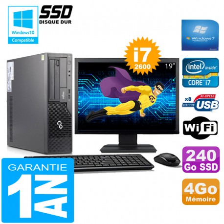 PC Fujitsu Esprimo E500 E85+ SFF I7-2600 4Go Disque 240Go SSD Wifi W7 Ecran 19"
