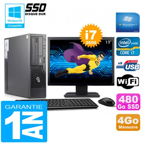 PC Fujitsu Esprimo E500 E85+ SFF I7-2600 4Go Disque 480Go SSD Wifi W7 Ecran 19"