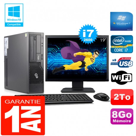 PC Fujitsu Esprimo E500 E85+ SFF Core I7-2600 8Go Disque 2 To Wifi W7 Ecran 19"