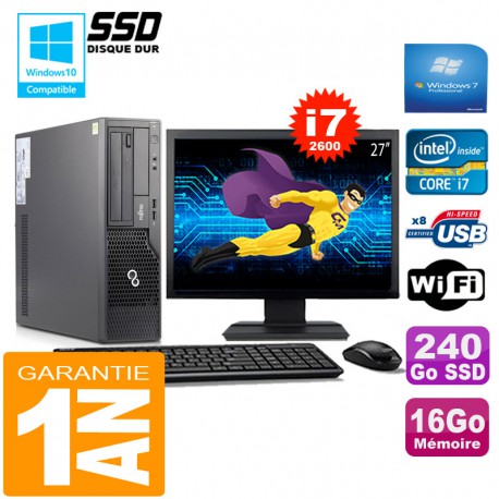 PC Fujitsu Esprimo E500 E85+ SFF I7-2600 16Go Disque 240Go SSD Wifi W7 Ecran 27"