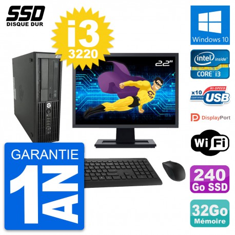 PC HP WorkStation Z220 SFF Ecran 22" i3-3220 RAM 32Go SSD 240Go Windows 10 Wifi