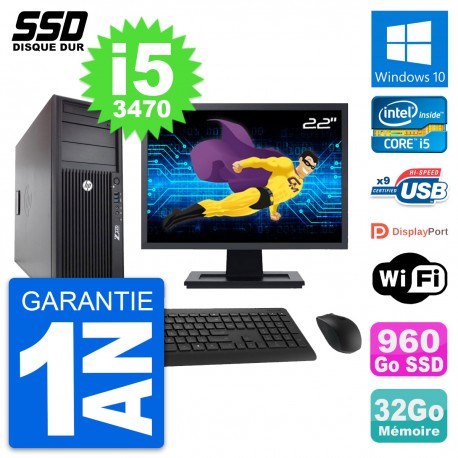 PC Tour HP WorkStation Z220 Ecran 22" i5-3470 RAM 32Go SSD 960Go Windows 10 Wifi