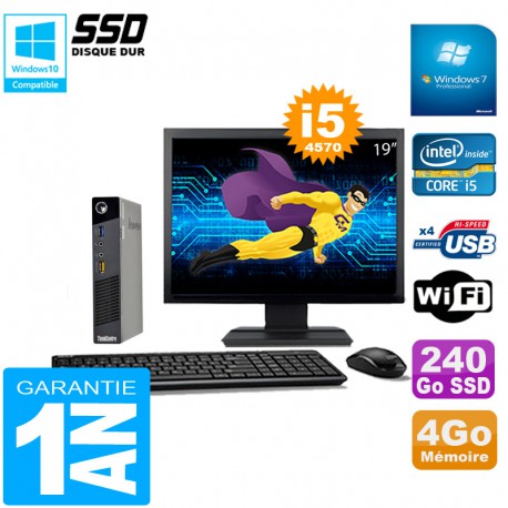 Ultra Mini PC Lenovo M73 USFF Tiny Core I5-4570 4Go 240Go SSD Wifi W7 Ecran 19"
