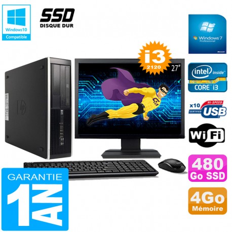 PC HP Compaq Pro 6300 SFF I3-2120 4Go 480Go SSD Graveur DVD Wifi W7 Ecran 27"