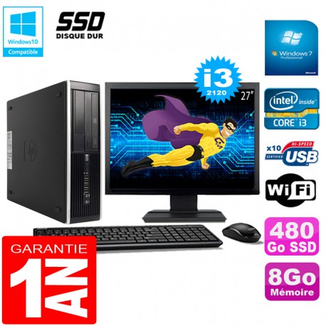 PC HP Compaq Pro 6300 SFF I3-2120 8Go 480Go SSD Graveur DVD Wifi W7 Ecran 27"