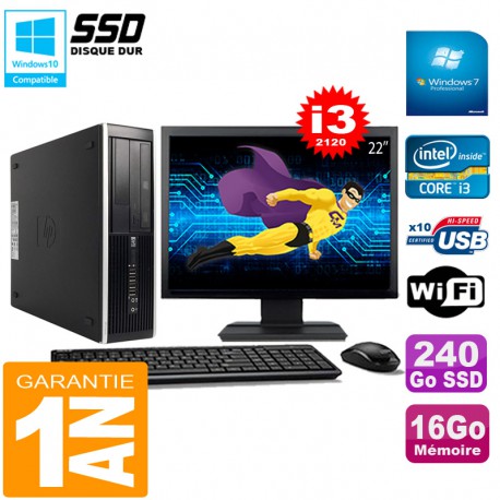 PC HP Compaq Pro 6300 SFF I3-2120 16Go 240Go SSD Graveur DVD Wifi W7 Ecran 22"
