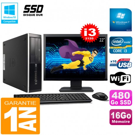 PC HP Compaq Pro 6300 SFF I3-2120 16Go 480Go SSD Graveur DVD Wifi W7 Ecran 22"