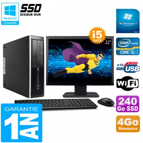 PC HP Compaq Pro 6300 SFF I5-3470 4Go 240Go SSD Graveur DVD Wifi W7 Ecran 22"