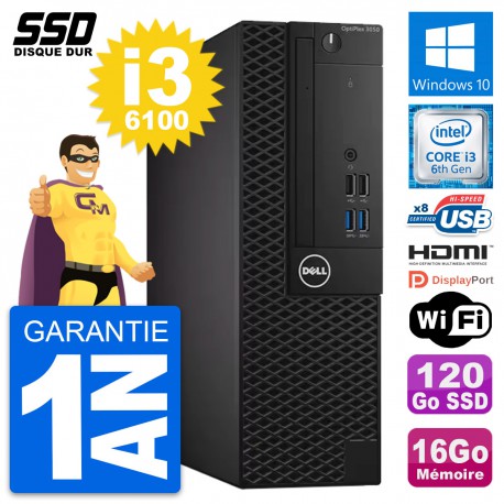 PC Dell OptiPlex 3050 SFF Intel i3-6100 RAM 16Go SSD 120Go HDMI Windows 10 Wifi