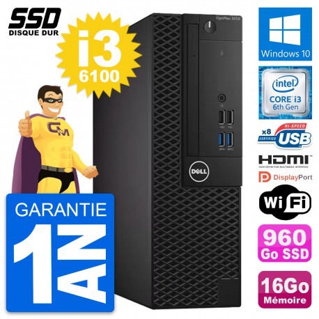 PC Dell OptiPlex 3050 SFF Intel i3-6100 RAM 16Go SSD 960Go HDMI Windows 10 Wifi