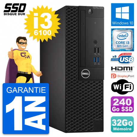 PC Dell OptiPlex 3050 SFF Intel i3-6100 RAM 32Go SSD 240Go HDMI Windows 10 Wifi