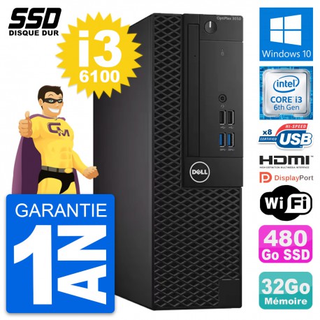 PC Dell OptiPlex 3050 SFF Intel i3-6100 RAM 32Go SSD 480Go HDMI Windows 10 Wifi