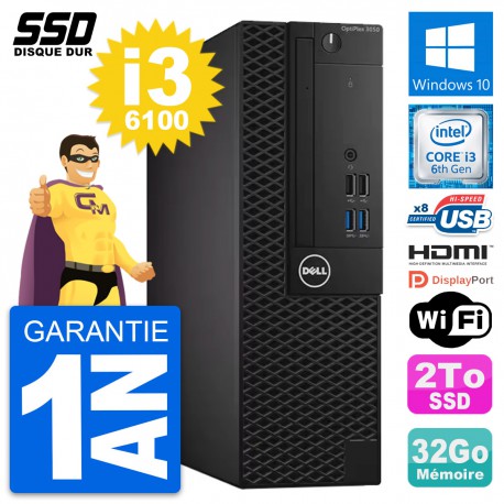 PC Dell OptiPlex 3050 SFF Core i3-6100 RAM 32Go SSD 2To HDMI Windows 10 Wifi