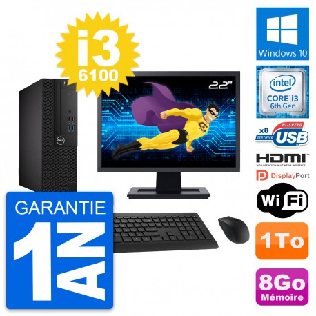 PC Dell 3050 SFF Ecran 22" Intel i3-6100 RAM 8Go Disque 1To HDMI Windows 10 Wifi
