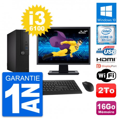 PC Dell 3050 SFF Ecran 22" Core i3-6100 RAM 16Go Disque 2To HDMI Windows 10 Wifi