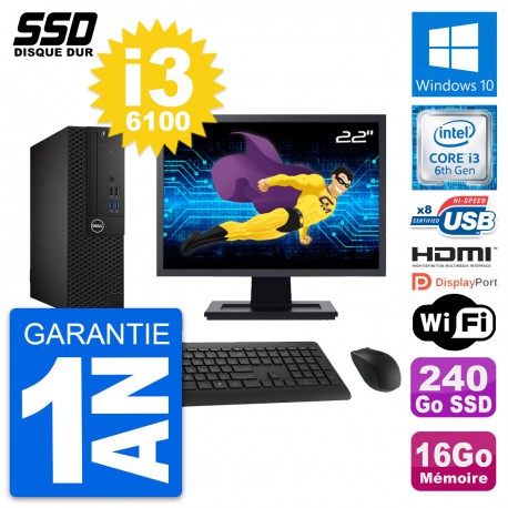 PC Dell 3050 SFF Ecran 22" Intel i3-6100 RAM 16Go SSD 240Go HDMI Windows 10 Wifi