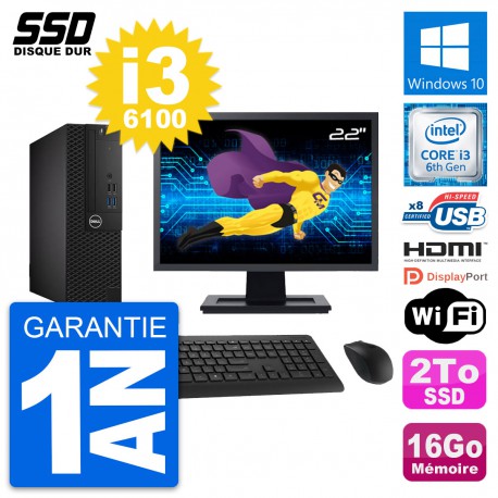 PC Dell 3050 SFF Ecran 22" Core i3-6100 RAM 16Go SSD 2To HDMI Windows 10 Wifi