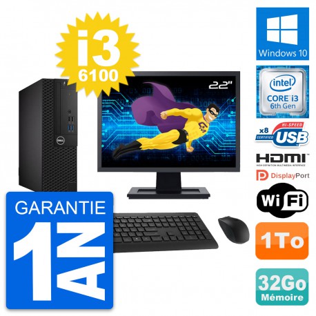 PC Dell 3050 SFF Ecran 22" Core i3-6100 RAM 32Go Disque 1To HDMI Windows 10 Wifi